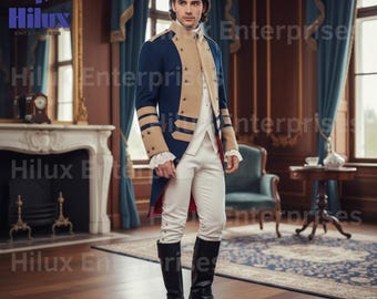 Men’s Historical Military Officer Tailcoat – Regency Style Costume Jacket – Blue & Tan Uniform Coat – Colonial Historical Cosplay