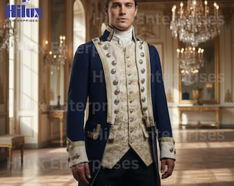 Redingote militaire et gilet en brocart bleus Regency Era | Costume historique du 18e siècle | Veste d'uniforme d'inspiration navale pour homme