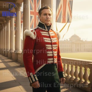 May include: A red military jacket with white and silver accents, worn over dark green pants. The jacket features a high collar and epaulettes with white fur trim. The background includes British flags and a building.