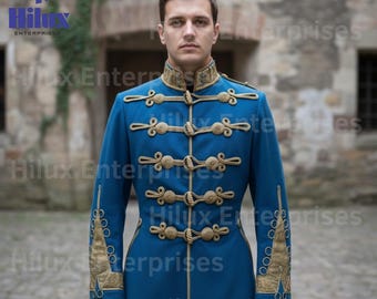 Prince Charming Royal Militärjacke | Blauer Husaren Tunika Mantel | Gold geflochtenes Festival Steampunk Kostüm | Historische Herrenuniform