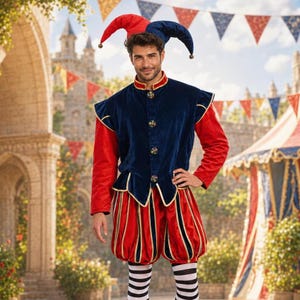 Puede incluir: Un disfraz de bufón que incluye un chaleco de terciopelo azul oscuro con ribetes y botones dorados, mangas largas rojas y pantalones cortos abullonados a rayas rojas y azules. El conjunto incluye un gorro de bufón de dos puntas.