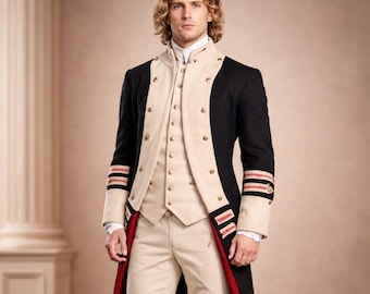 May include: A formal black coat with cream-colored lapels and gold buttons, paired with a matching vest and pants. The coat features red and gold striped accents on the sleeves and a red lining. The outfit is a historical military-inspired design.