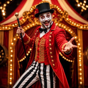 Può includere: Un costume da presentatore di circo composto da un frac rosso con bottoni e finiture dorate, un gilet rosso abbinato con ricami dorati, una camicia bianca con papillon nero e pantaloni a righe bianche e nere con cilindro nero.