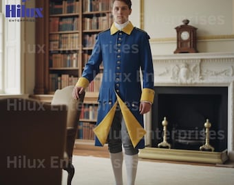 Uniforme militaire du XVIIIe siècle - Veste de costume historique napoléonienne/régence bleue et jaune | Manteau Régence | Fantaisie Régence | Années 1800