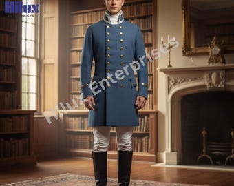 Manteau d'officier napoléonien Régence pour homme - Veste militaire historique bleue avec boutons dorés - Costume de reconstitution et de cosplay du début du XIXe siècle