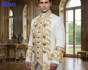 Handgefertigter künstlerischer Herrenmantel in Weiß und Gold mit königlicher Stickerei - Aristokratisches Kostüm aus dem 18