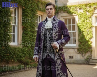 May include: A regal purple coat with intricate silver embroidery, paired with a matching vest and trousers. The ensemble features ornate detailing and white lace cuffs, evoking a historical aesthetic. A sword is held at the side, completing the formal attire.