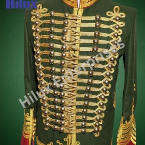 Men’s Green Wool Hussar Jacket – Gold Braid Military Parade Tunic, Vintage Style Uniform Coat