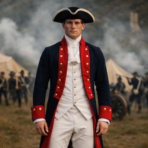 May include: A man in a historical military uniform stands in a field. The navy blue coat has red trim and gold buttons. He wears a white vest, trousers, and a black hat with a white brim. The background shows a battle scene.