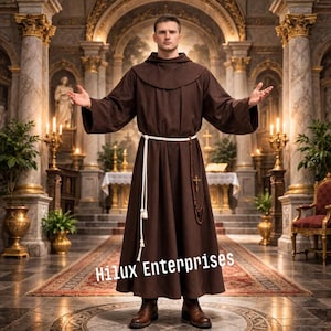 May include: A brown hooded robe with a white rope belt and a rosary. The robe is long and flowing, with wide sleeves. The person is standing in a church setting with candles and ornate decor. The text "Hilux Enterprises" is visible.