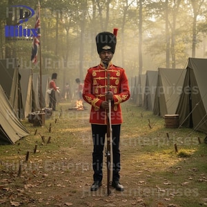 Peut inclure: Une personne vêtue d'un uniforme militaire rouge avec des détails dorés et un grand chapeau noir, tenant un fusil. L'uniforme comporte des boutons et des bordures dorés. D'autres soldats et des tentes sont en arrière-plan.