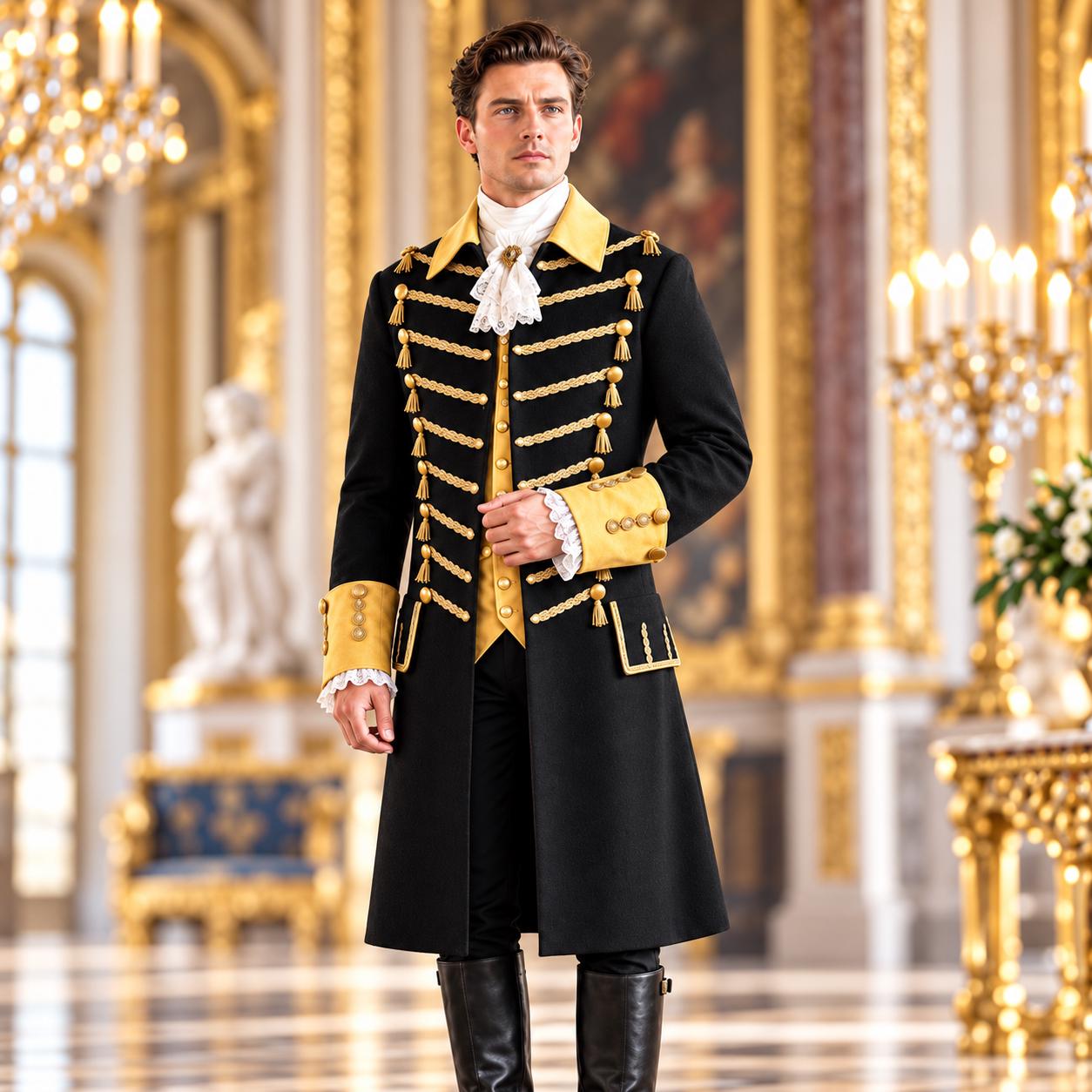 gold jacket mens fancy dress Men's Black Military Coat, Regency Hussar Officer Uniform, Victorian Tailcoat Costume, Historical Steampunk Cosplay Wedding suit