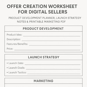 Planer zur digitalen Angebotserstellung für Online-Verkäufer – Produktentwicklung, Einführungsnotizen & Marketing-Toolkit (druckbare PDF-Datei)