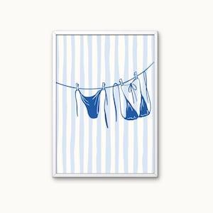 Bikini Blue and White Stripe Coastal Beach Bedroom Wall Art Poster Printable