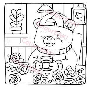 May include: Black and white line art illustration of a bear wearing a cap and sweater, holding a mug. The bear is surrounded by roses and a plant. The image has the text "ColourEAK!"
