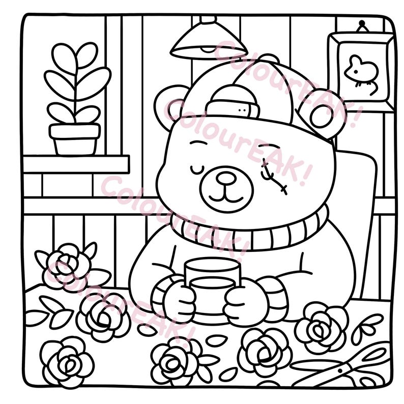 May include: Black and white line art illustration of a bear wearing a cap and sweater, holding a mug. The bear is surrounded by roses and a plant. The image has the text "ColourEAK!"