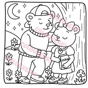 Colouring image of a bear in a baseball cap leaning over a girl bear in a dress and a bow against a tree