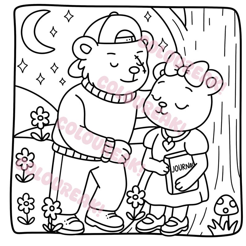 Colouring image of a bear in a baseball cap leaning over a girl bear in a dress and a bow against a tree