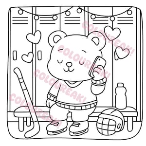 A colouring page of a hockey bear sits on a bench in a locker room, talking on the phone and surrounded by hearts