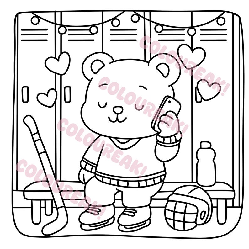 A colouring page of a hockey bear sits on a bench in a locker room, talking on the phone and surrounded by hearts