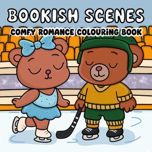 A brown female bear in a blue skater dress and skates poses next to a brown hockey bear in green and yellow gear