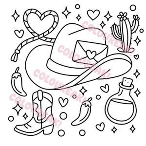 A colouring page cowboy hat with a love letter on the rim