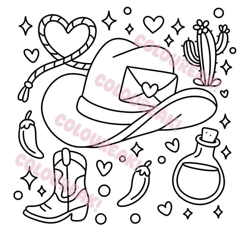 A colouring page cowboy hat with a love letter on the rim