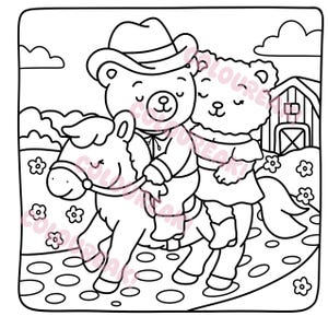 Colouring image of a bear dressed as a cowboy riding a horse, with a girl bear in a skirt and cowboy boots on the back