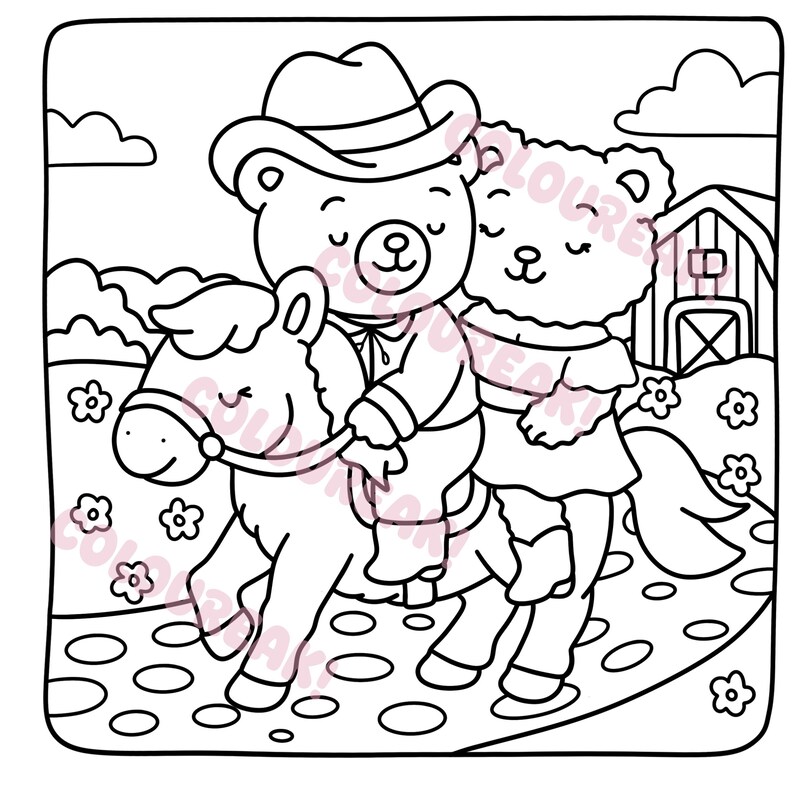 Colouring image of a bear dressed as a cowboy riding a horse, with a girl bear in a skirt and cowboy boots on the back