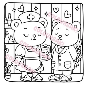 A colouring page of a nurse bear holding a clipboard. A doctor bear holds some flowers behind their back