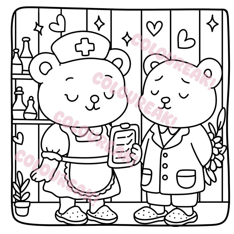 A colouring page of a nurse bear holding a clipboard. A doctor bear holds some flowers behind their back