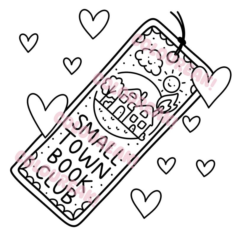A colouring page showing a bookmark that reads 'small town book club'