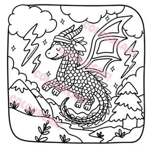 May include: Black and white illustration of a dragon with a headband, wings, and a scaled body. The dragon is in a landscape with mountains, clouds, lightning bolts, and a pine tree. The image is a coloring page.