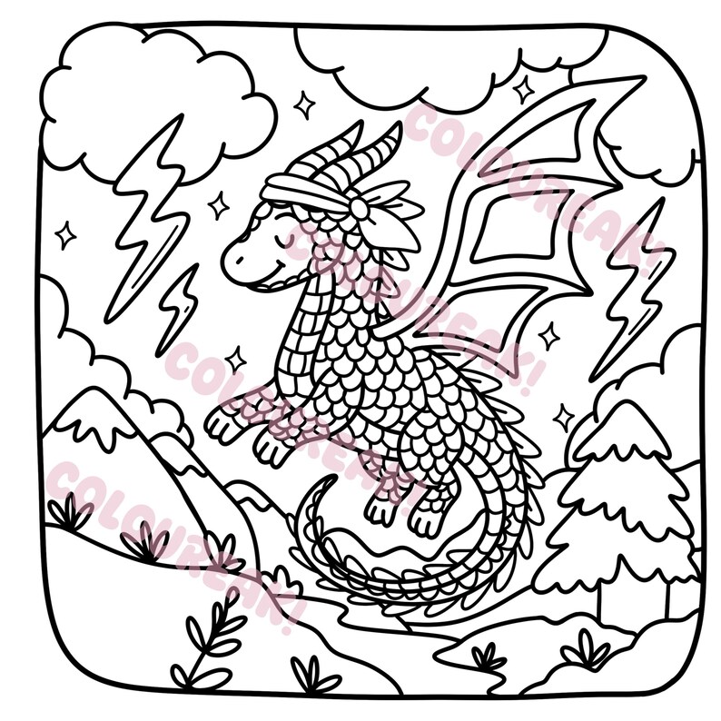 May include: Black and white illustration of a dragon with a headband, wings, and a scaled body. The dragon is in a landscape with mountains, clouds, lightning bolts, and a pine tree. The image is a coloring page.