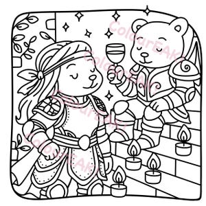 May include: Black and white illustration of two teddy bears in medieval armor, one holding a wine glass. The bears are surrounded by candles and stars, with a floral design in the background. The image is a coloring page.