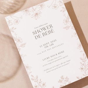 Elegant French-themed unisex baby shower invitation shower de bébé français avec fleurs, imprimable et numérique personnalisable sur Canva!