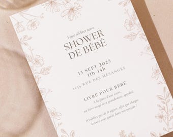 Elegante invito per baby shower unisex a tema francese shower de bébé français avec fleurs, imprimable et numérique personalisable sur Canva!