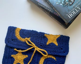 Crochet Book Sleeve – Blue Star & Moon, Celestial Book Pouch