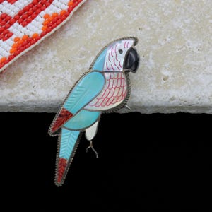 Zuni Artist Leland Peyketewa Sterling Silver Turquoise Mother of Pearl Red Coral Onyx Inlaid Parrot Pendant Brooch Hybrid