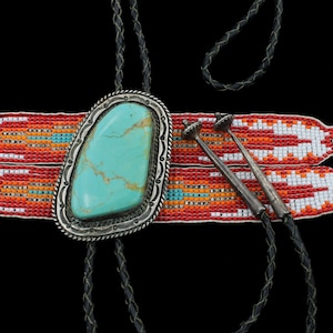 Southwest Artist &quot;CL&quot; Signed Sterling Silver Turquoise Hand Stamped Leather Bolo