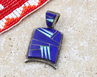 Navajo Artist Calvin Begay Sterling Silver Lapis Lazuli Opal Inlay Pendant