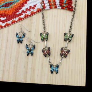 Navajo Artist Signed David Sandoval Sterling Silver Turquoise Butterfly Inlay Necklace Drop Earrings Jewelry Set