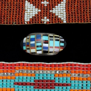 Zuni Signed Sterling Silver & Brass Turquoise Mother of Pearl Red Coral Onyx Inlay Ring
