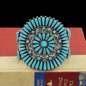 Navajo Artist S. Yazzie Sterling Silver Turquoise Petit Point Cluster Cuff Bracelet