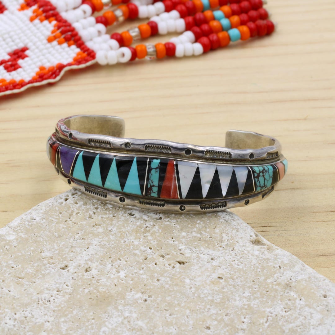 Navajo Lee Mccray Sterling Silver Gemstone Inlay Cuff Bracelet - Etsy