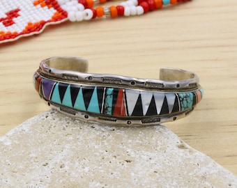 Navajo Lee Mccray Sterling Silver Gemstone Inlay Cuff Bracelet - Etsy