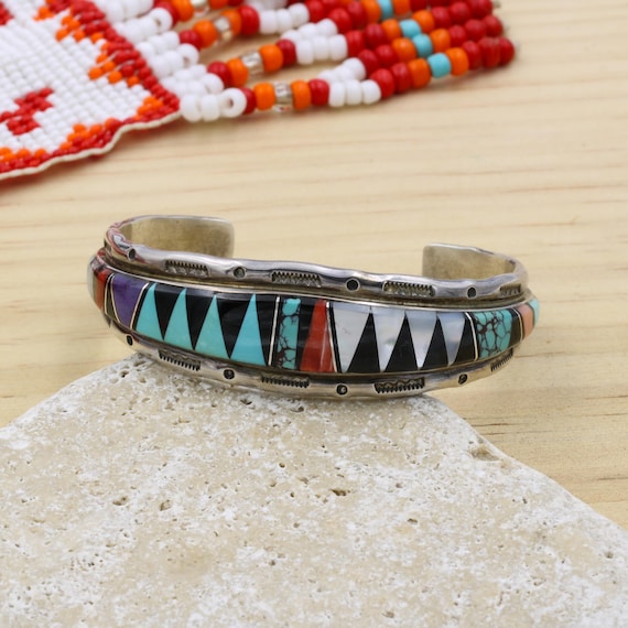 Navajo Lee Mccray Sterling Silver Gemstone Inlay Cuff Bracelet - Etsy