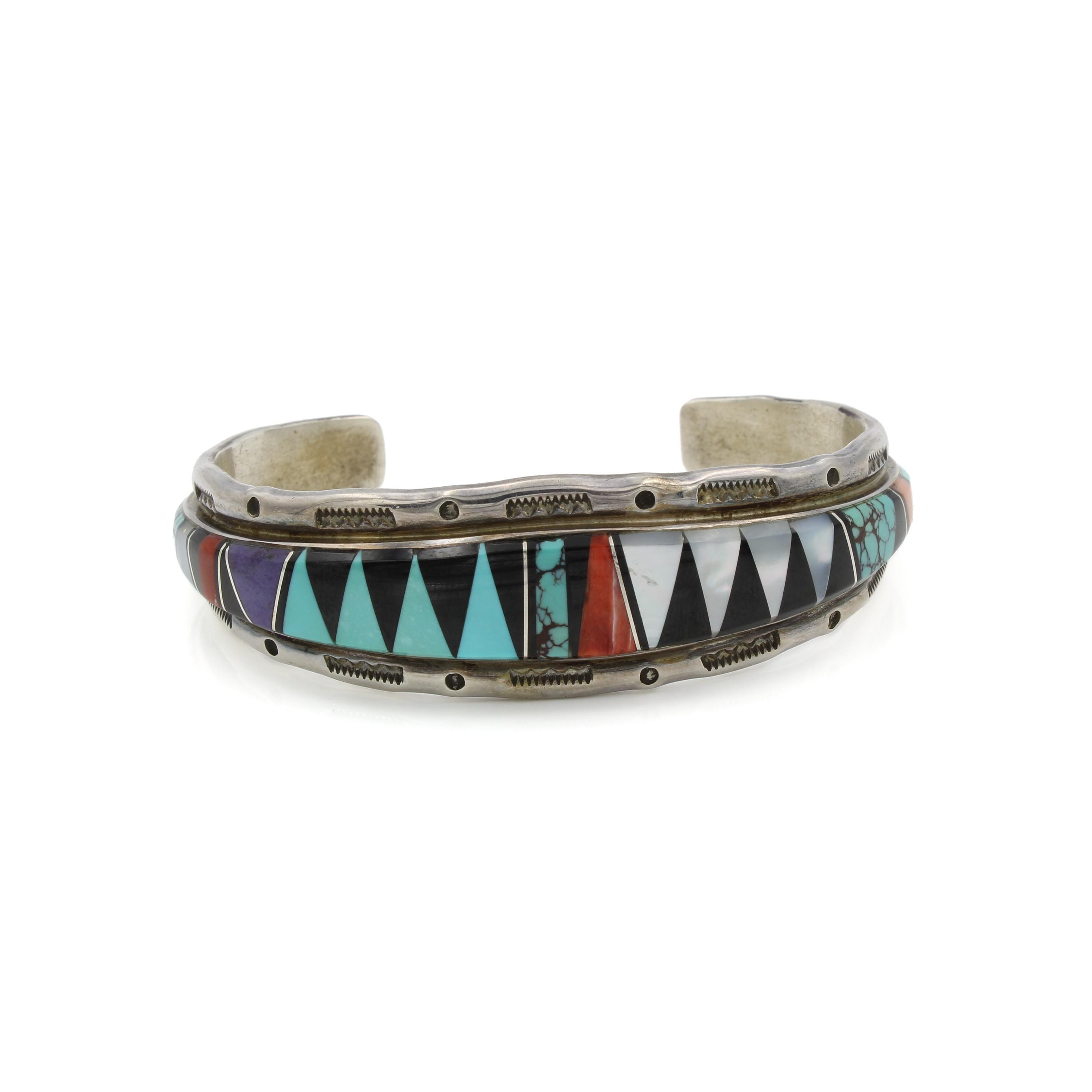 Navajo Lee Mccray Sterling Silver Gemstone Inlay Cuff Bracelet - Etsy