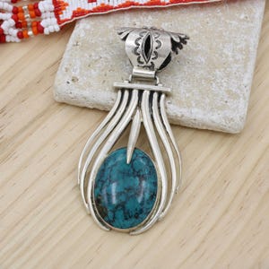 Navajo Signed Robert Shakey Sterling Silver Turquoise Statement Pendant