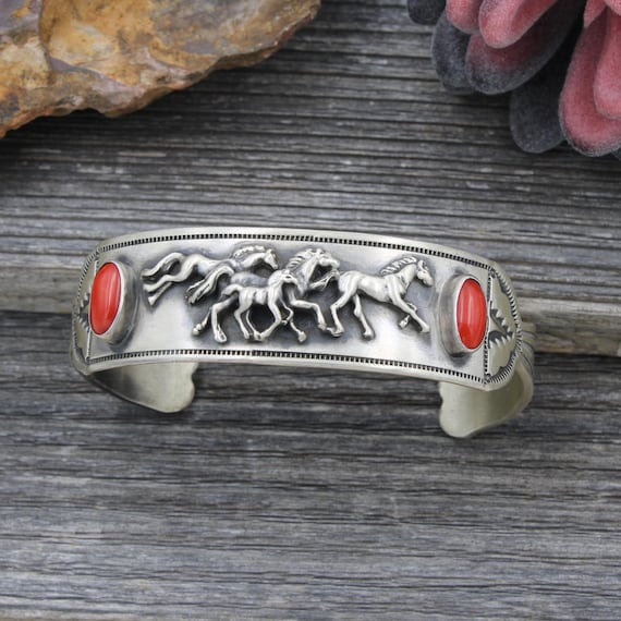 Navajo Sterling Silver Coral Cuff Bracelet, Wallace Yazzie Jr